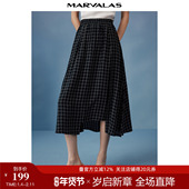 曼德诗黑白棋盘格半身裙2025夏季 新款 不规则A摆自然腰小黑裙长裙