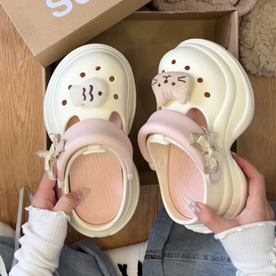 假日 可爱小猫厚底增高洞洞鞋 女夏季 外穿防滑沙滩凉鞋 包头半拖鞋