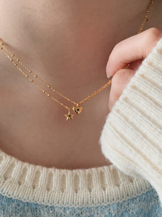 韩国代购 925通体银 迷你黑色钻点缀爱心星星吊坠珠珠锁骨链项链