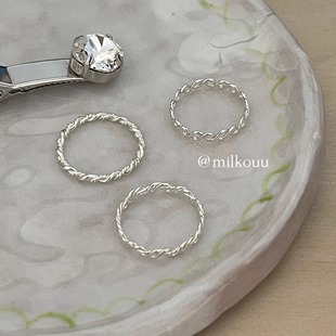 韩国代购 s925通体纯银 气质简约百搭叠戴麻花缠绕素圈细戒指尾戒