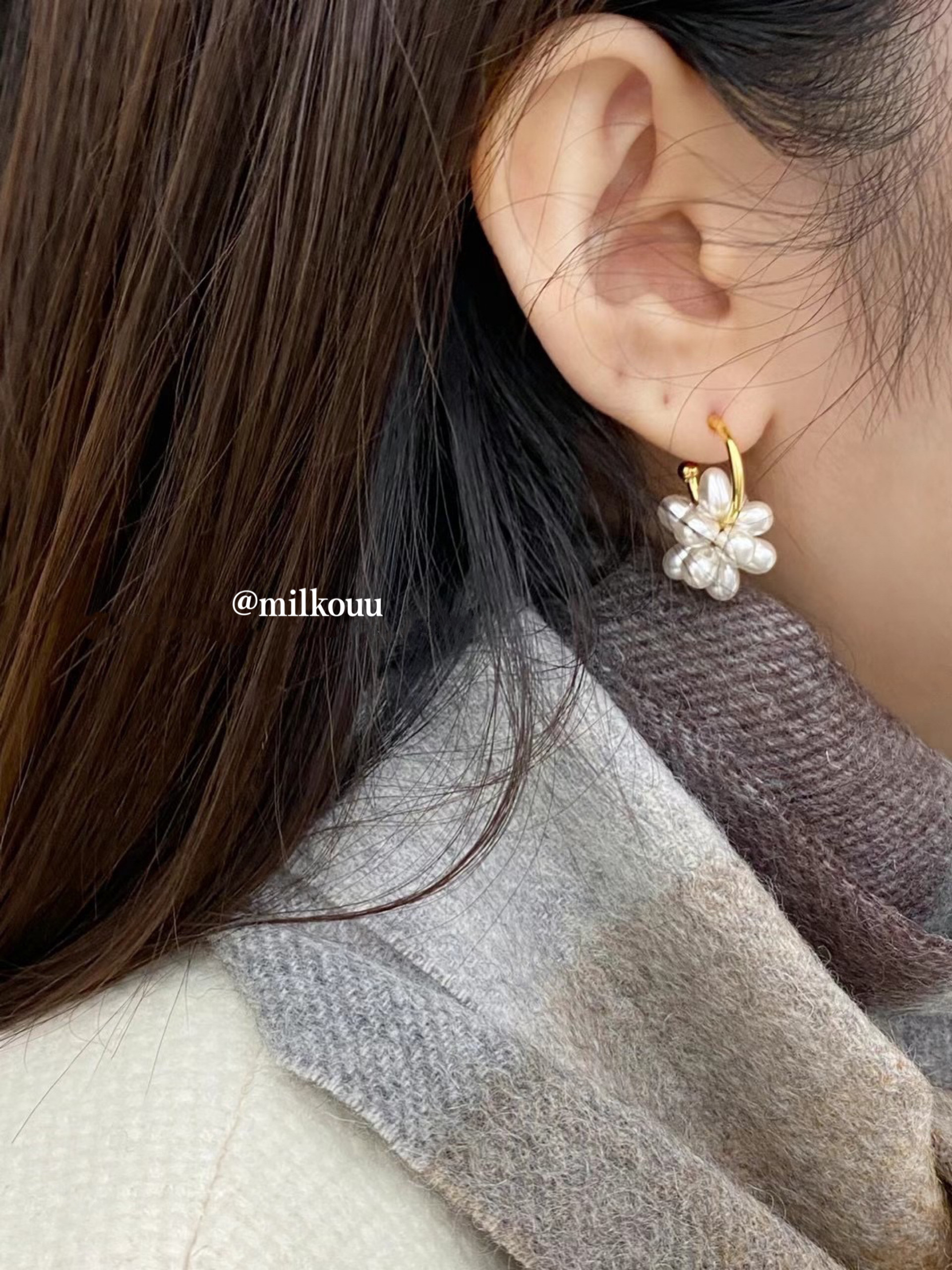 韩国代购 温柔气质甜美编织珍珠花朵球球耳环nyunyu耳饰耳圈