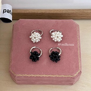 韩国东大门 百搭时髦气质款黑珠珠甜美少女珍珠花球耳环耳扣