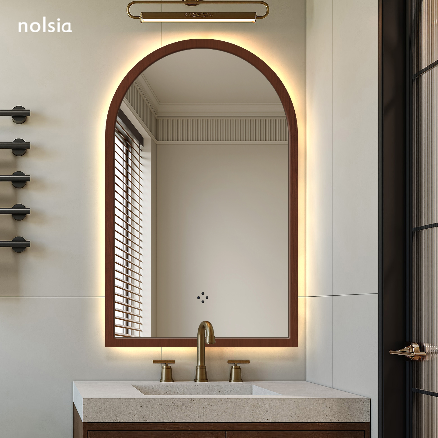 中古拱形实木镜子家用卫生间带灯