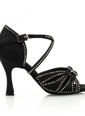 Suphini时尚百搭黑色中高跟舞蹈鞋成年女士专业软底缎面拉丁舞鞋