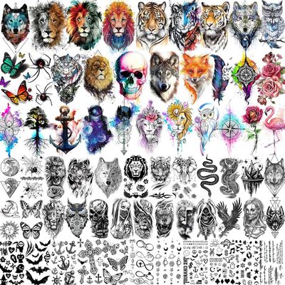 66 Sheets 3D Watercolor Animals  Lion Temporary Tattoos For