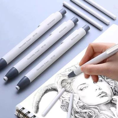 6pcs/set Pen Shape Press Type Pencil Eraser Replaceable Core