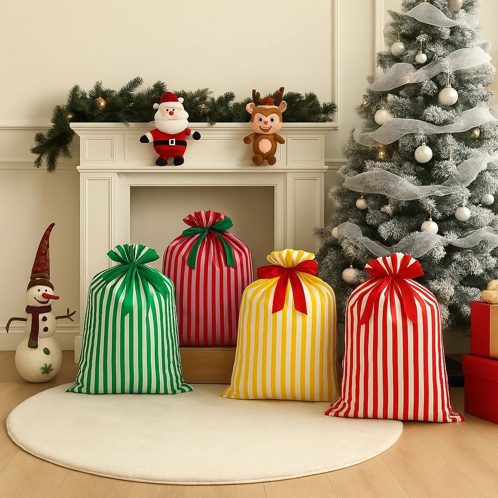 Striped Christmas Santa Sack Reusable Canvas Candy Gift Bag