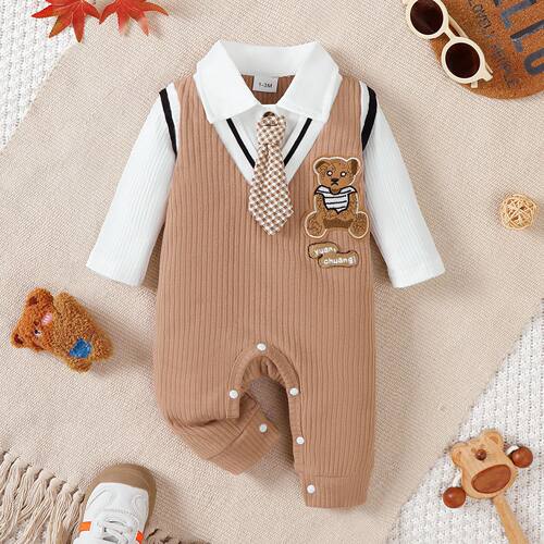 Baby boy Small Gentleman Jumpsuit Cartoon Teddy Bear Long sl