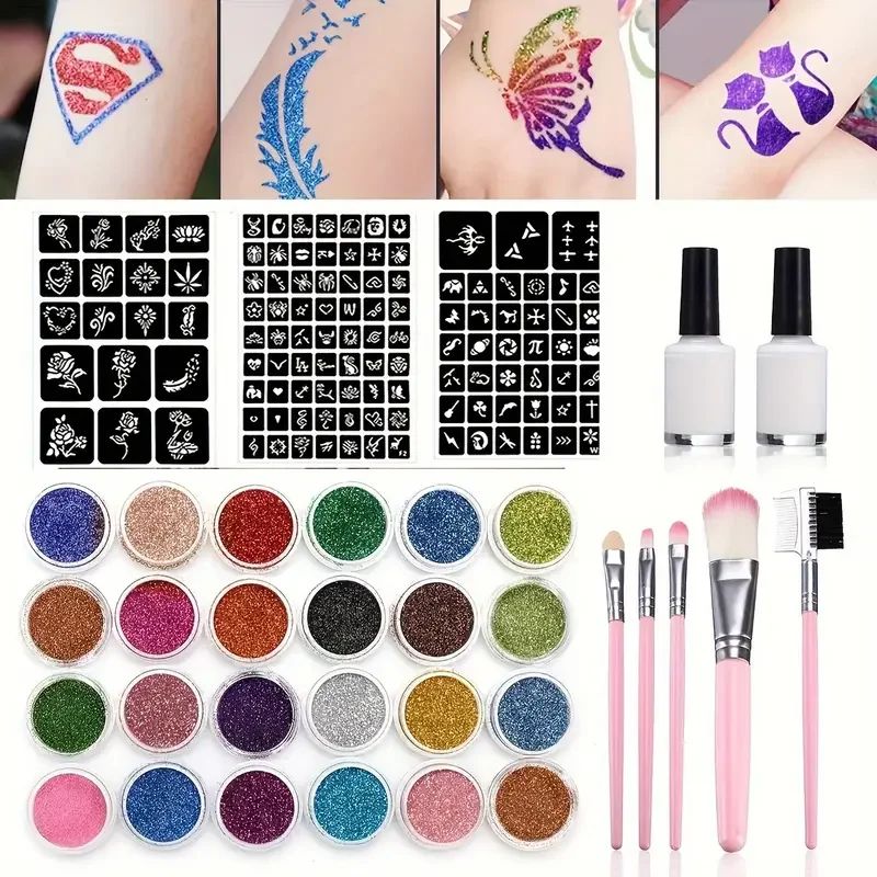 Glitter Temporary Tattoo Set 24 Colors with 2 Bottles of Glu