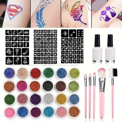 Glitter Temporary Tattoo Set 24 Colors with 2 Bottles of Glu