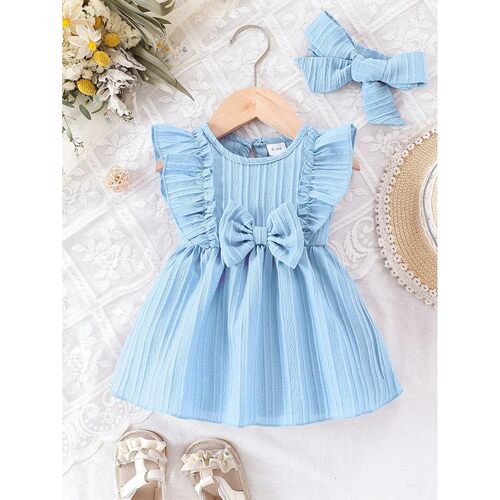 Baby girl Summer Blue dress with Ruffled Edges and Bow, Swee
