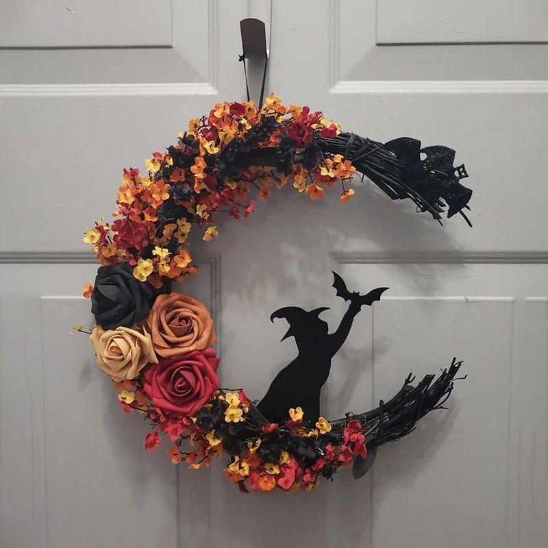 Halloween Gothic Wreath Decor Artificial Moon Cat Garland Ha