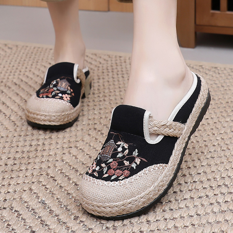 老北京布鞋亚麻半拖绣花鞋渔夫鞋