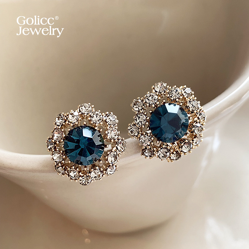 古里雅深蓝色圆形水晶耳钉高级感