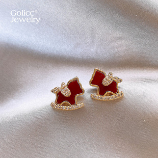 本命年马年红色小马耳环女轻奢高级感耳饰2026过新年珐琅耳钉耳夹