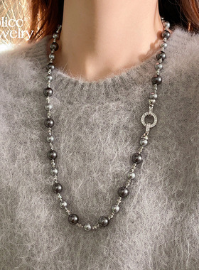 灰色珍珠项链女2025新款爆款毛衣链轻奢高级感颈链精致锁骨链配饰