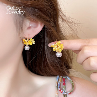 黄色桂花珍珠耳钉女小众独特绝美耳环轻奢高级感耳饰2026新款爆款