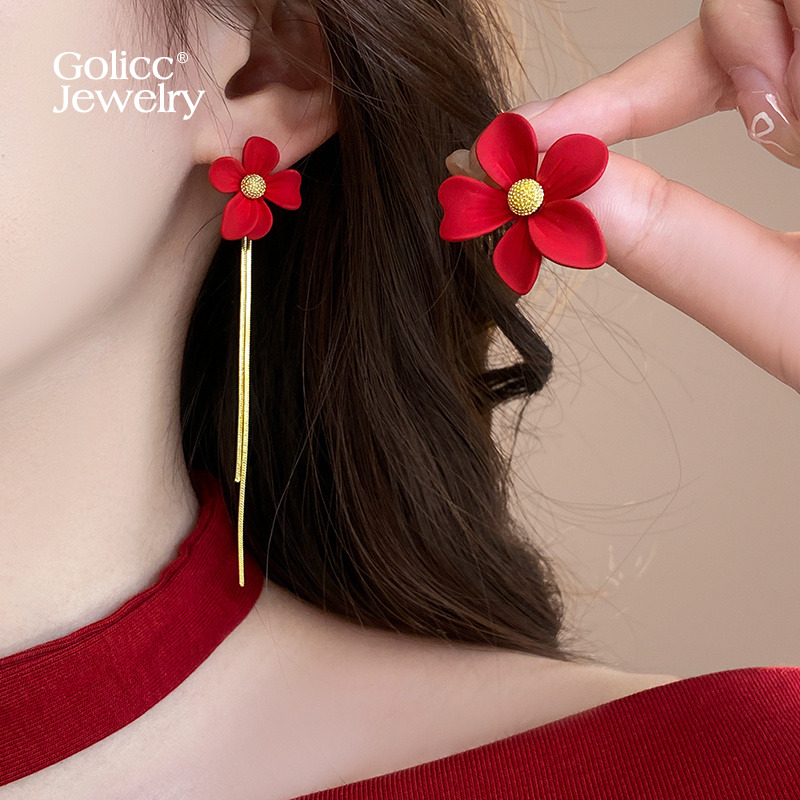 古里雅不对称红色花朵耳环高级感