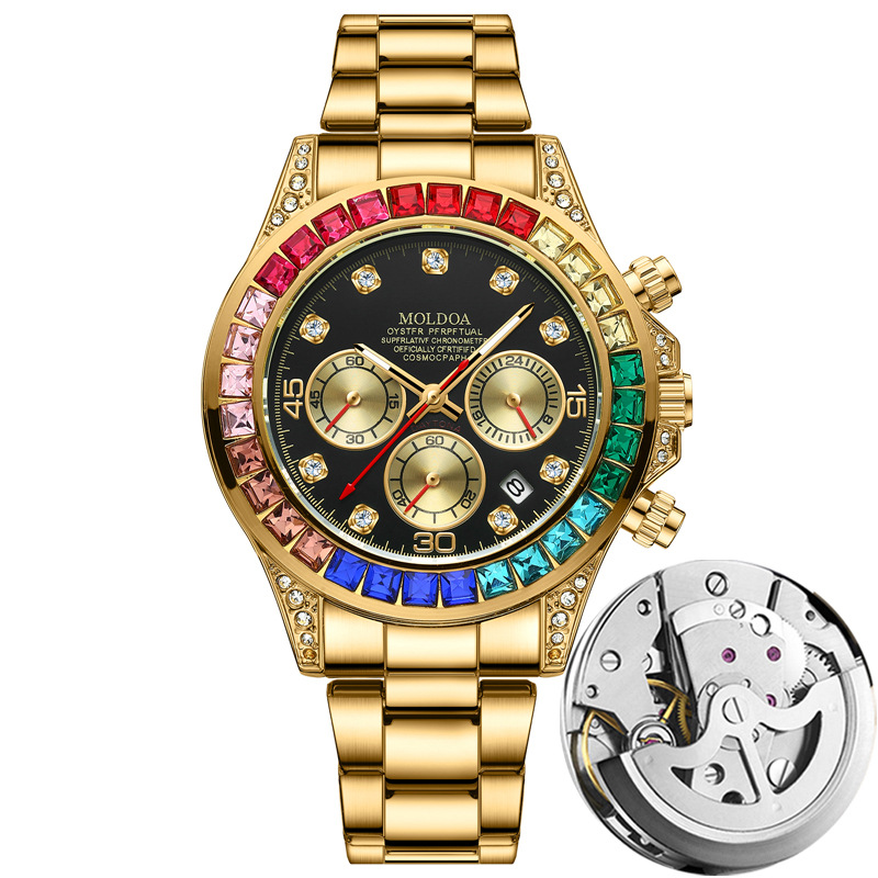 高档彩虹迪全自动机械表男士手表镂空日历防水夜光真三眼蝴蝶扣