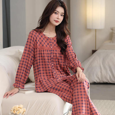 格子睡衣女纯棉长袖妈妈大码套装