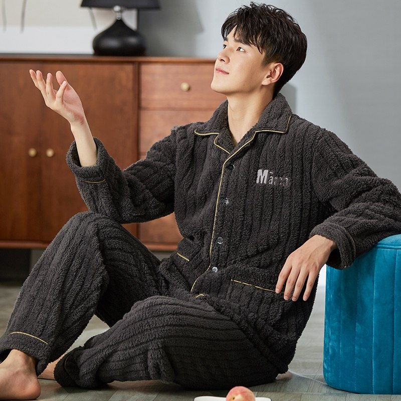 蓝豆娘北极绒睡衣男秋冬款保暖加厚可外穿中年爸爸翻领开衫家居服