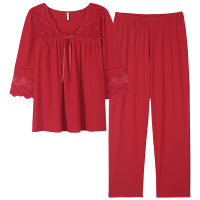 大红色睡衣女春秋季套头套装
