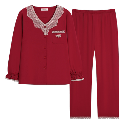 本命年红色睡衣女秋纯棉长袖套装