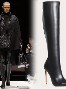 新款简约风不过膝尖头显瘦超高细跟高筒靴大码后拉链黑色长筒靴子