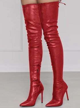 欧美外贸跨境细跟尖头及膝靴新娘红色婚鞋高跟显瘦瘦靴时装靴