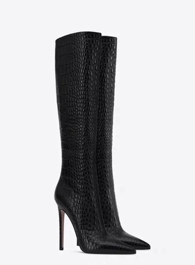 欧美风红色鳄鱼纹靴子女长筒靴高跟尖头细跟大筒围显瘦高筒骑士靴