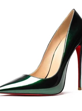 2024年春季网红新款12cm法式小高跟鞋女细跟性感婚鞋绿色尖头单鞋