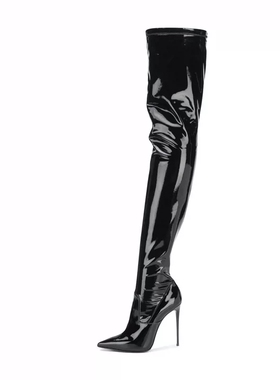 LIKITINY空姐靴黑色漆皮过膝长靴高跟尖头长筒靴女性感弹力瘦瘦靴