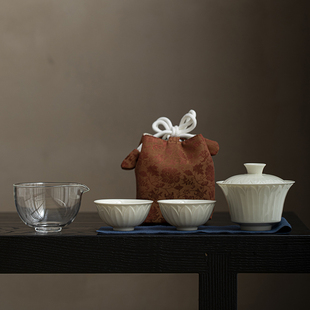 彷宋定窑白旅行茶具套组一壶二杯大容量快客杯可携式 盖碗茶具可定