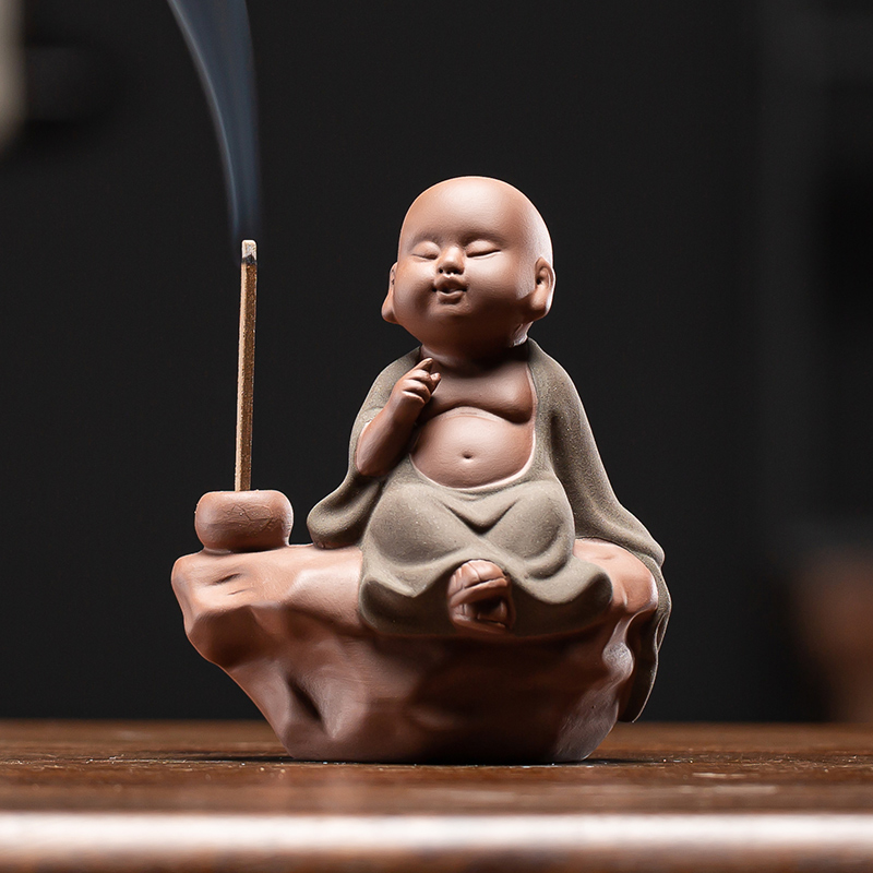 紫砂小和尚沙弥茶宠招财摆件精品可养线香插香道底座禅意人物茶玩