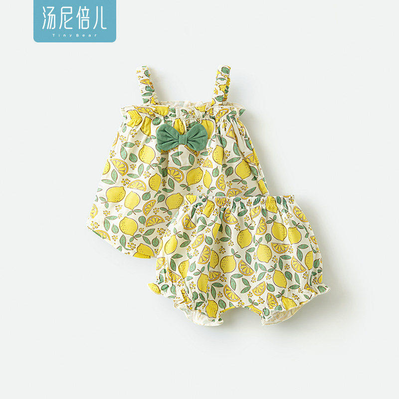 汤尼倍儿女宝宝夏季套装吊带上衣短裤纱布外出两件套婴儿分体衣服