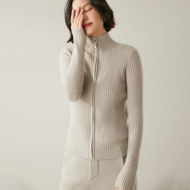 紧身拉链设计baby小山羊绒开衫女