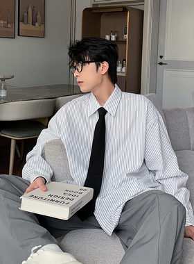 Hualun赵让同款春秋宽松条纹衬衫男生长袖休闲衬衣宽松百搭外套男