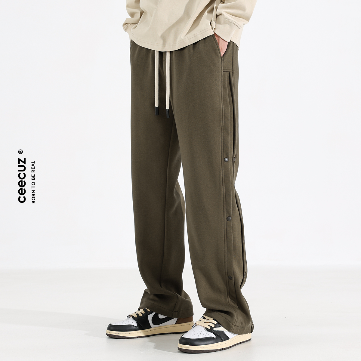 Ceecuz重磅垂感春夏新款宽松直筒运动卫裤男款美式潮牌排扣休闲裤