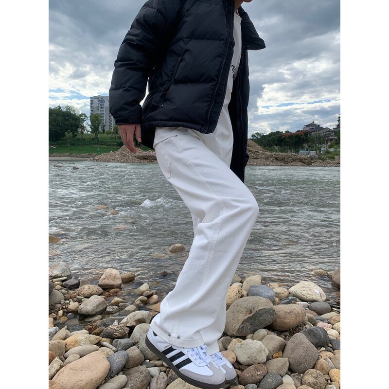 07QWER 四季通勤白色简约男春秋牛仔裤韩版情侣直筒休闲阔腿裤女