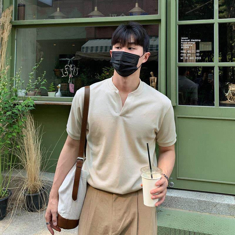 亨利衫新款韩版内搭衣V领纯棉夏季短袖上衣透气潮流简约半袖T恤男