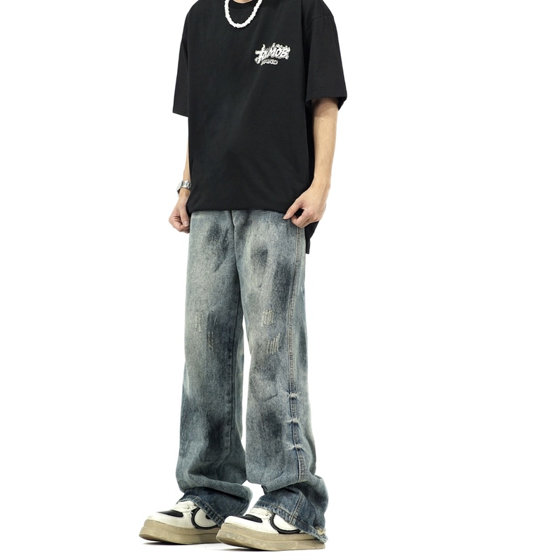 DHSS美式高街泼墨做旧牛仔裤男女水洗vibe直筒宽松阔腿百搭裤子