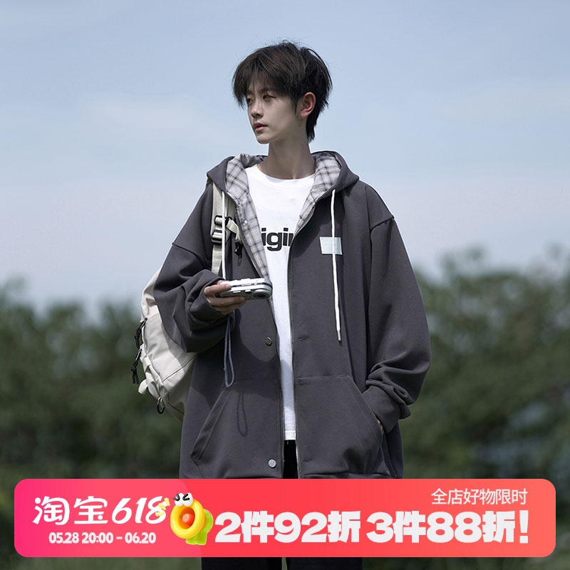 卫衣外套春秋日系cityboy男装小众设计格子拼接拉链开衫连帽衣服