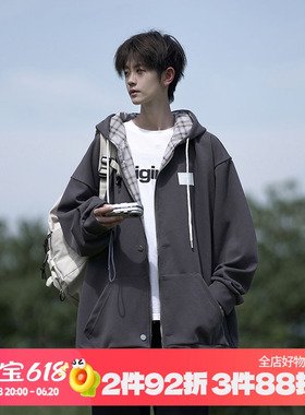 卫衣外套春秋日系cityboy男装小众设计格子拼接拉链开衫连帽衣服