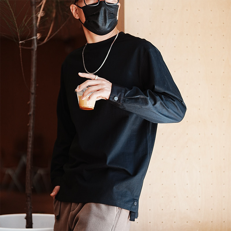 港风潮牌衬衫袖口白色纯棉男士长袖T恤春秋小众高级感打底衫上衣