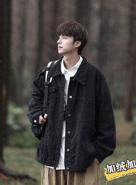 黑色牛仔外套男款冬季加绒加厚日系cityboy工装夹克潮牌痞帅棉服