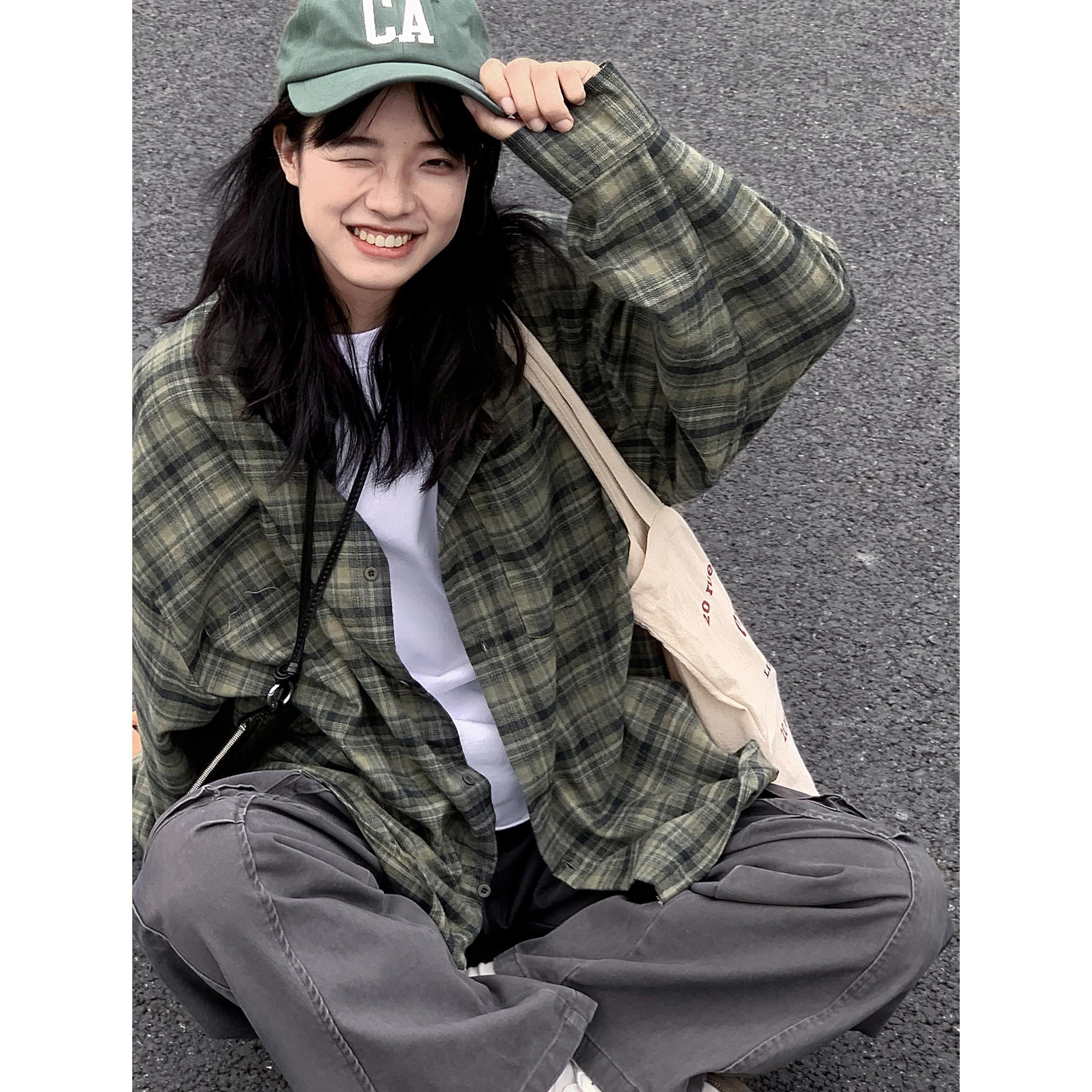 绿色格子长袖衬衫2026夏季宽松百搭cityboy美式覆古休闲 衬衣外套