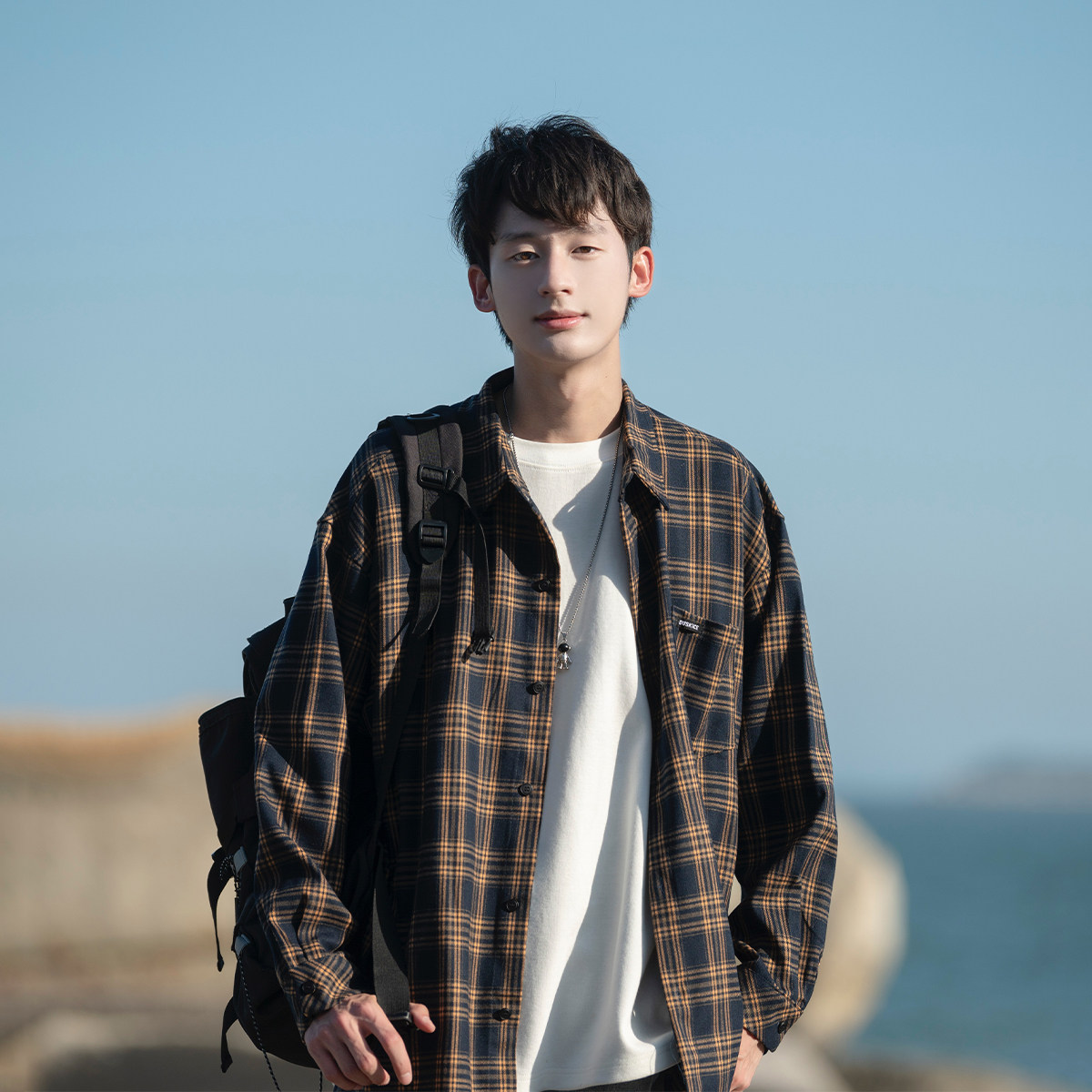 格子衬衫男长袖秋季男生2026新款寸衫复古薄男士休闲衬衣外套男款