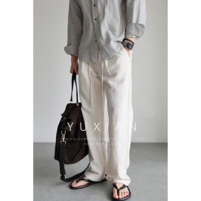 YUXIAN亚麻混纺透气抽绳松紧宽松直筒休闲 裤长裤男士阔腿裤春夏