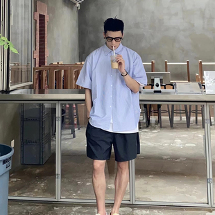 Batterup2025夏季日系cityboy休闲衬衣条纹廓形宽松短袖衬衫男潮