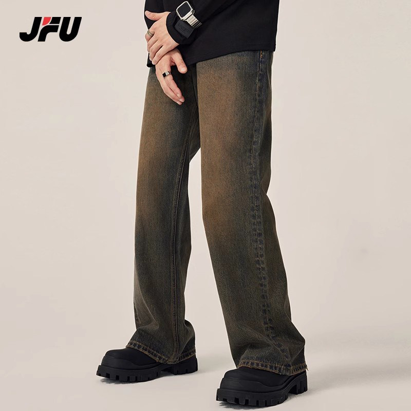 JFU 黄泥染微喇牛仔裤男生春秋新款复古直筒高街长裤子男阔腿潮